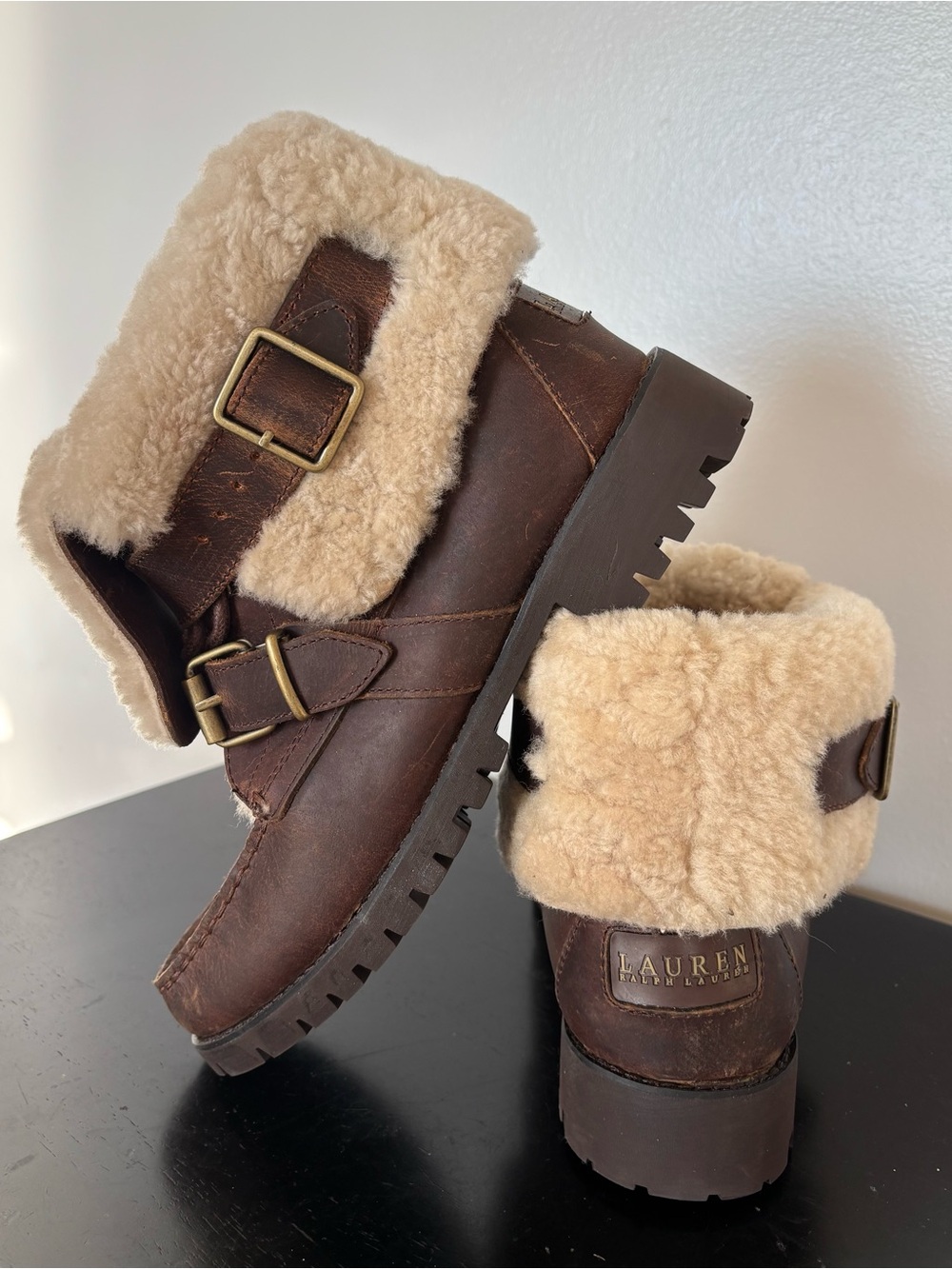 Lauren Ralph Lauren Zacha Shearling Leather Lace-Up Fold Over Boots Size 7 Brown